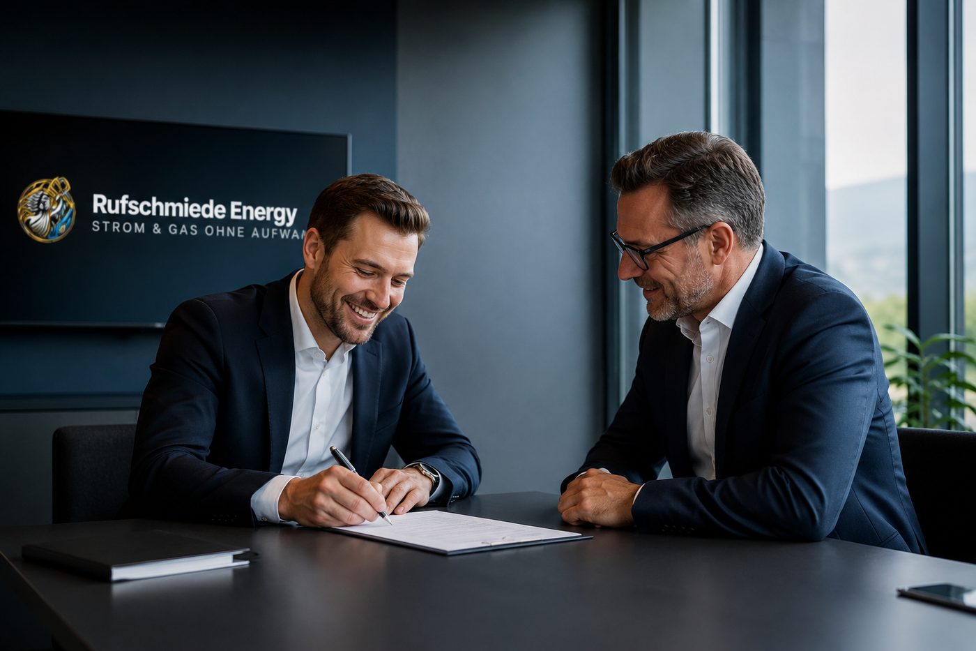 Vertragsunterzeichnung im Besprechungsraum von Rufschmiede Energy